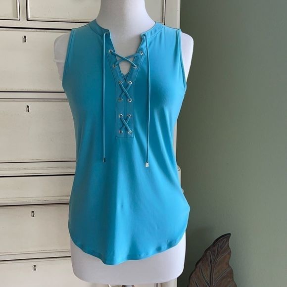 White House Black Market Tops - White House Black Market Blue matte jersey lace up tank. S. NWT